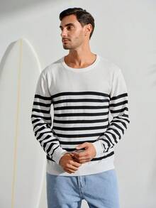 Men Striped Pattern Graphic Color Block Pullover Casual Long Sleeve Sweater, For Going Out, Friends, Fall Winter - Black and White - View 6