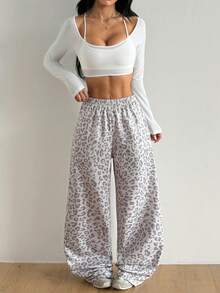 Coolane Women's Sportswear Set Off The Shoulder Tees & Leopard Stretchy Pink Wide Leg Sweatpants - White - View 6