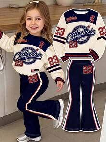 American Retro College Style Sports Digital 23 Print, Tracksuit, Baby Girl Casual Minimalist Knitted Soft Pullover Casual Set Suitable For Autumn/Winter, Cozy Season, Autumn & Winter Outfits For Going - Multicolor - View 1