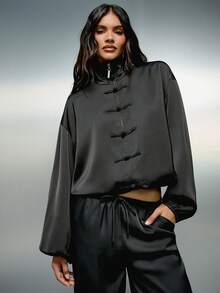 KIZN Satin Bomber Jacket With Mandarin Collar Frog Clasp Closures Oversized Fit Blouson Sleeves Luxe Finish - Black - View 1