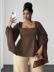 Maweii Plus Size Women's Solid Color Square Neck Casual Everyday Blouse Fall - Brown - View 1