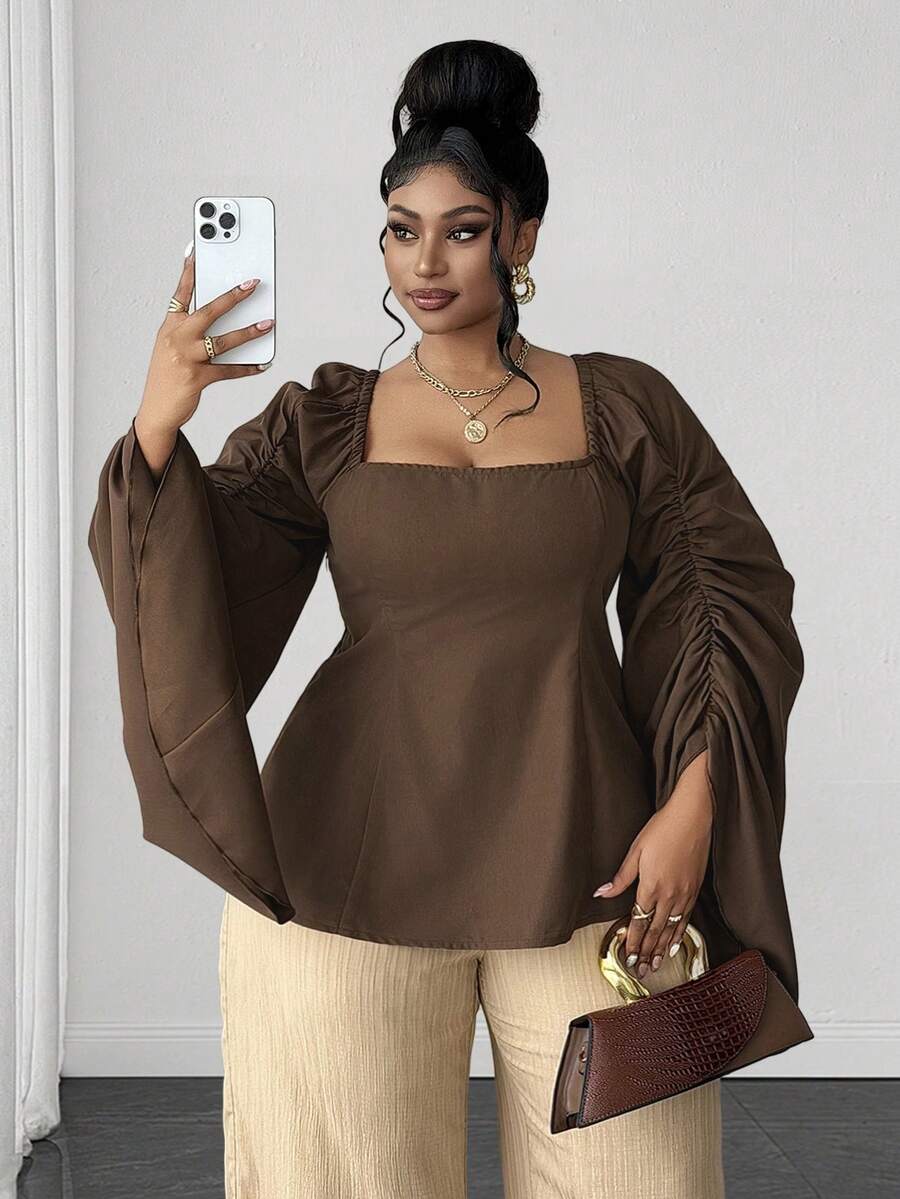 Maweii Plus Size Women's Solid Color Square Neck Casual Everyday Blouse Fall - Brown - View 1