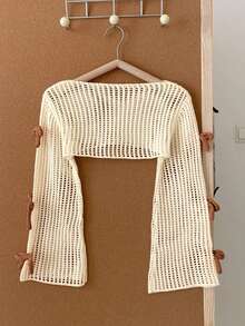 SHEIN Tween Girl Handmade Crochet Knit Sweater, Soft Breathable Openwork Pullover, Bowknot Sleeve Detail, Cute Casual Style For Girls, Autumn Winter - Brown - View 2