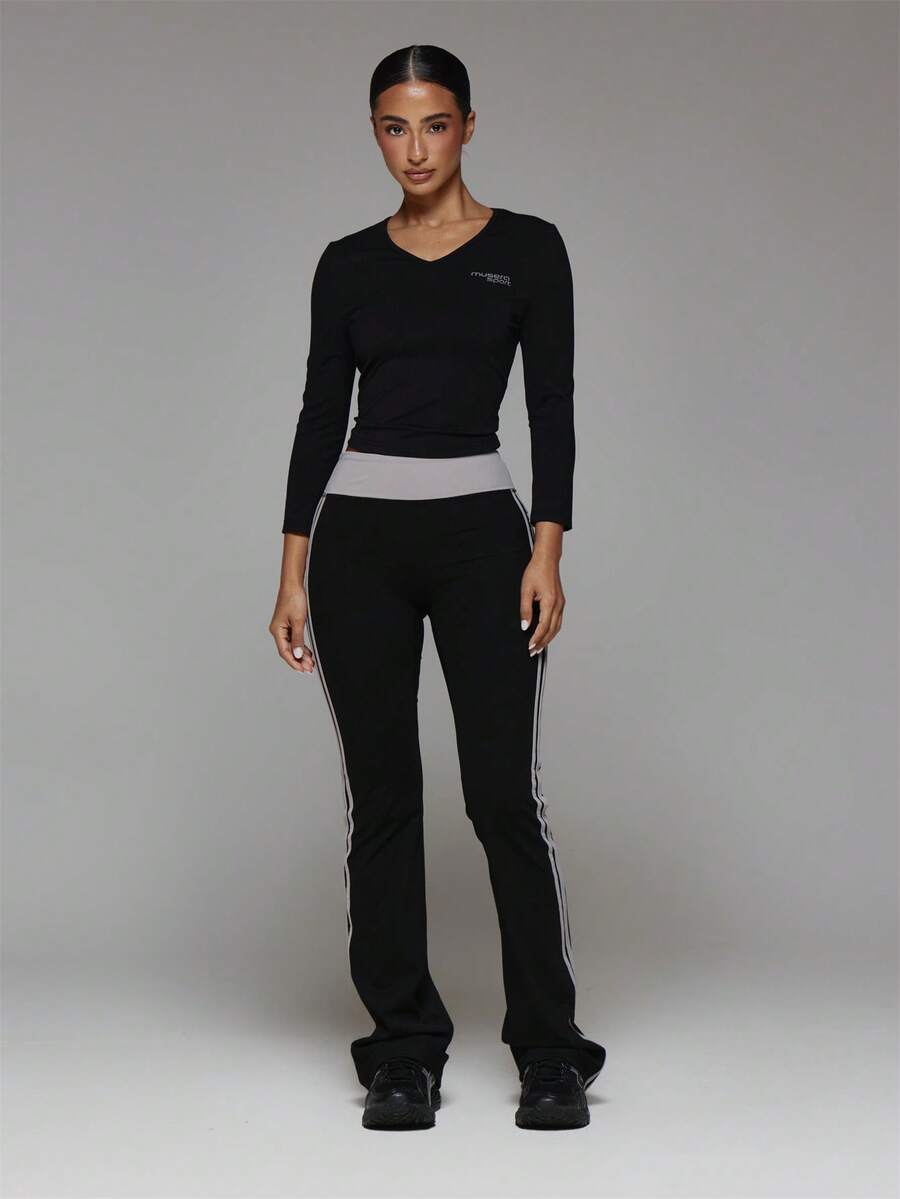 Musera Sport Contrast Colour High Rise Waistband Fitted Flare Yoga Style Legging Workout Gym Cute Pilates Fitness Daily - Black - View 1
