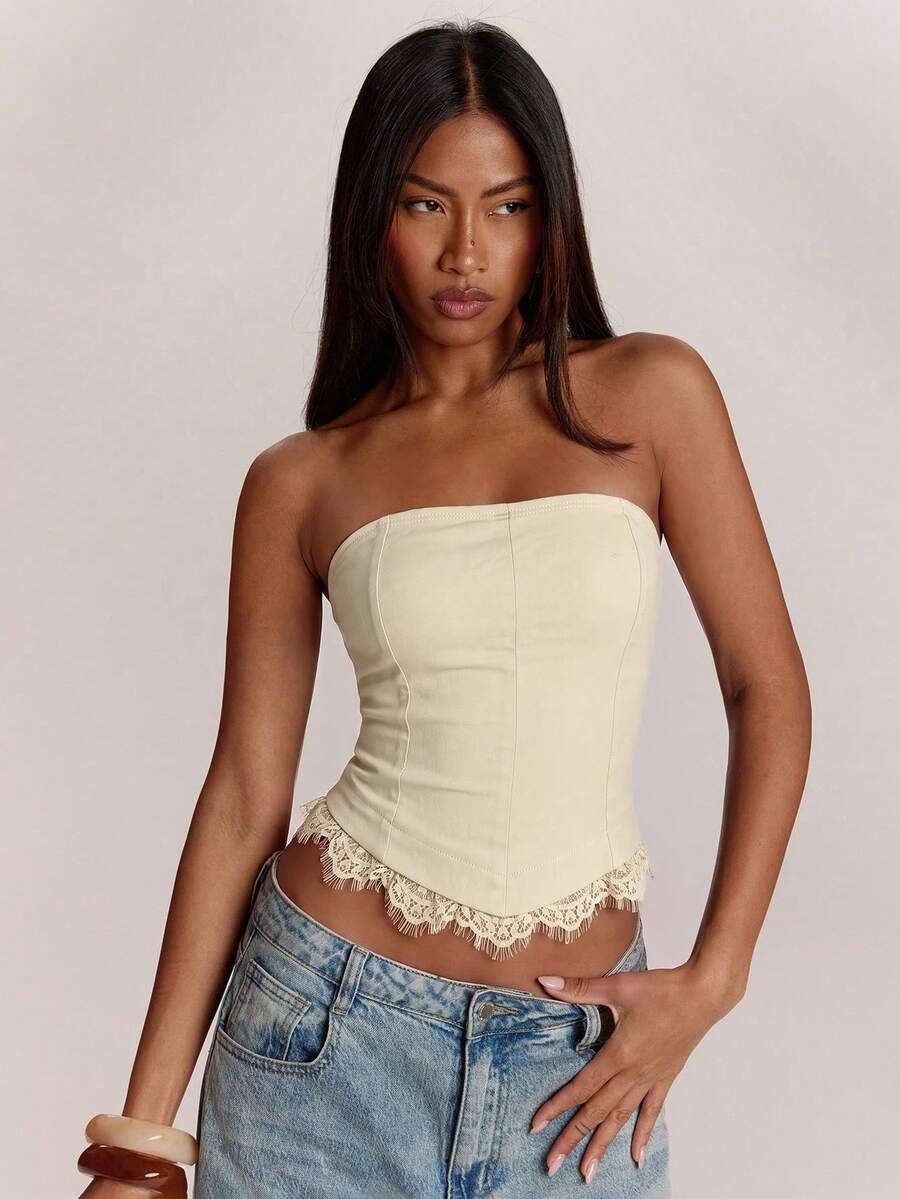 SHEIN BAE Women's Solid Color Lace Patchwork Bandeau Top - Apricot - View 1