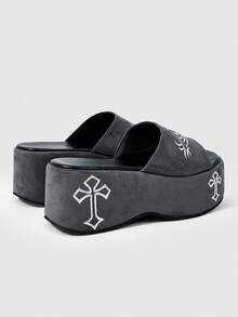 ROMWE Women's Slope Heel Platform Sandals Dark Rock Punk Goth Shoes Open-Toed Roman Beach Sandals Word With Embroidery Party Dress Shoes - - Grey embroidered slippers - View 5