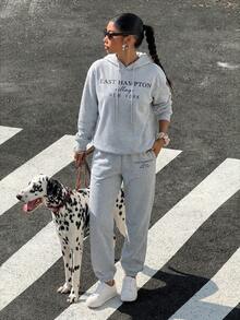 SHEIN LUNE Letter Graphic Drawstring Hoodie & Sweatpants - Light Grey - View 3