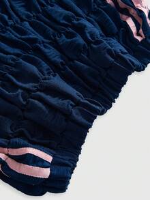ROMWE Liburan Musim Panas Y2K Gadis Seksi Piala Dunia Gaya Olahraga Lencana Bordir Celana Pendek Mini Pinggang Sangat Rendah Berkerut - Navy Blue - View 4