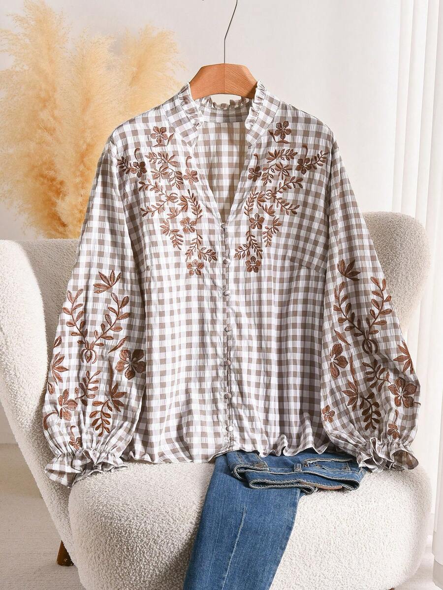 CosyJoli Plus Size Women's Plaid Floral Print Casual Versatile Daily Wear Shirt - Apricot - View 1