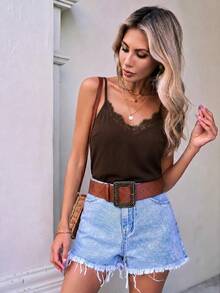 SHEIN LUNE Pure Cotton Lace Patchwork Black Cami Tank Top - Brown - View 4