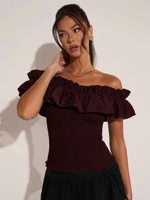 COSMINA Top elegante con hombros descubiertos y volantes negro para mujer - Burdeos - Ver 3