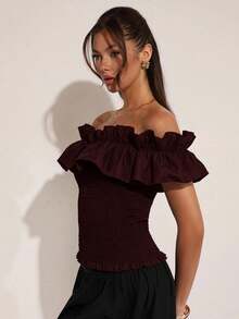 COSMINA Top elegante con hombros descubiertos y volantes negro para mujer - Burdeos - Ver 4
