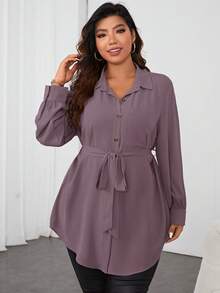 Firerie Plus Size Women's Solid Color Simple Casual Long Sleeve Blouse Fall - Purple - View 3