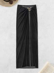 Swim SXY Women Ruched Wave Metal Embellished Solid Color Summer Skirt,Summer Beach - Black - View 3