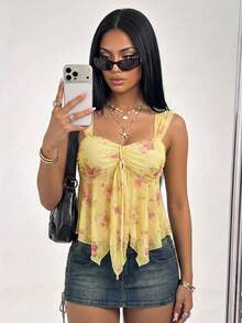 SHEIN ICON 女士甜美碎花印花系带无袖上衣 - 鵝黃色 - 查看 3