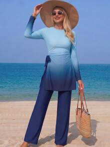 Swim Mulvari Conjunto de dos piezas suelto con degradado azul, pantalones de pierna ancha con diseño degradado, atuendo favorecedor y estilizante - Multicolor - Ver 1