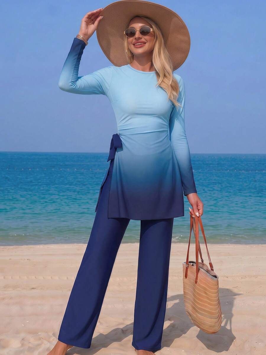 Swim Mulvari Conjunto de dos piezas suelto con degradado azul, pantalones de pierna ancha con diseño degradado, atuendo favorecedor y estilizante - Multicolor - Ver 1
