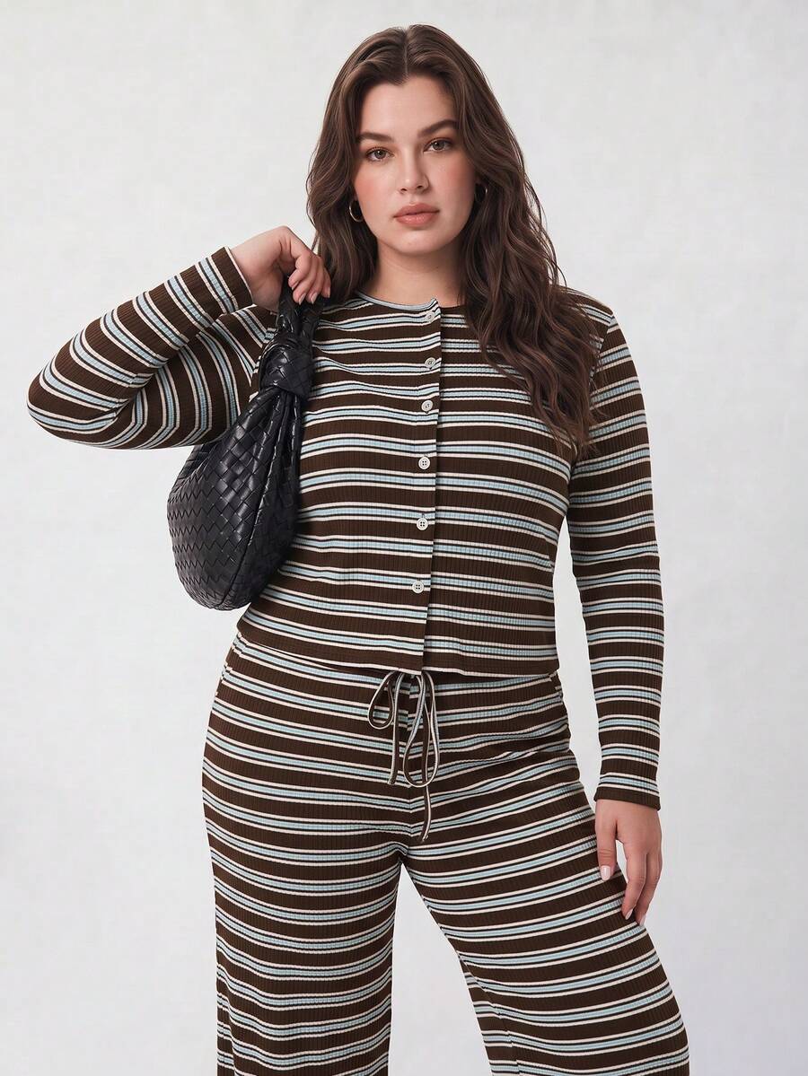 Solavibe Plus Size Women's Brown Colorblock Long Sleeve Top And Pants Casual Corset Daily 2 Pieces Set Fall Formal Home Birthday - Multicolor - View 1