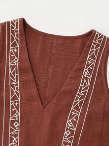 SHEIN Franclia 時尚V領刺繡休閒波希米亞風度假背心上衣 鐵鏽棕色 夏季 - 紅色 - 查看 6