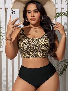 SHEIN Swim Curve ملابس سباحة تانكيني مطبوعة بنمر للنساء ذوات الحجم الكبير للصيف والعطلات الشاطئية - متعدد الألوان - مشاهدة 4