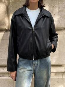 Aloruh Fashionable & Versatile Commuter Ancla Red PU Jacket In Fall/Winter - Black - View 7