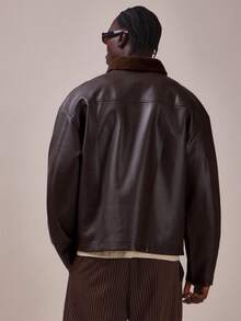 Musero Oversized Drop Shoulder P.U Biker Jacket With Contrast Borg Collar Zipper Fastening Spring Summer Essentials - Brown - View 4
