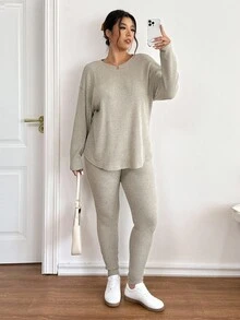 Lounesse Plus Size Women Plain Grey Ribbed Knit Set,Autumn Crew Neck Long Sleeve Top And Pants 2 Pieces,Smart Casual Everyday Lounge Comfy Sweater Sets Fall - Multicolor - View 4