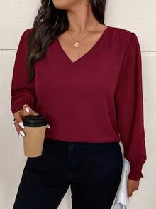 SHEIN Frenchy 大码休闲纯色V领宽松长袖套头衫 - 酒紅色 - 查看 3