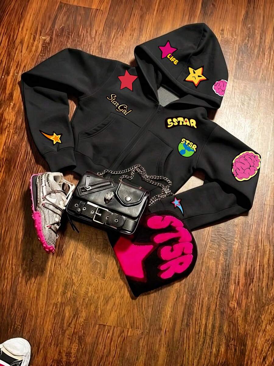 SHEIN Hot Girl 星星卡通字母印花短版拉鍊寬鬆黑色連帽衛衣 - 彩色 - 查看 1
