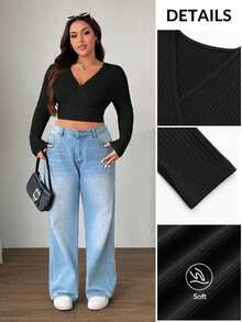 SHEIN EZwear 大码女式黑色 V 领长袖短款修身 T 恤 - 黑色 - 查看 1