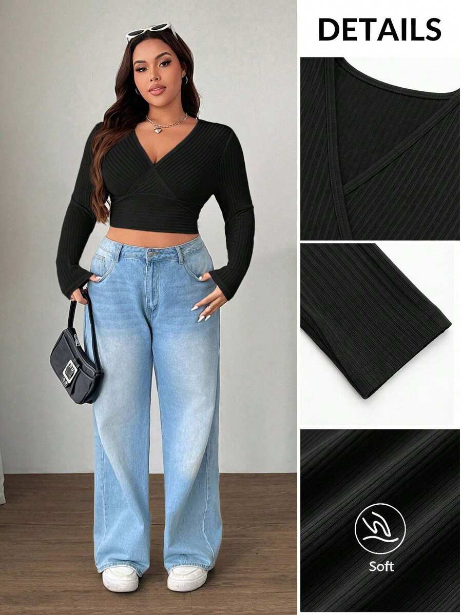 SHEIN EZwear 大码女式黑色 V 领长袖短款修身 T 恤 - 黑色 - 查看 1