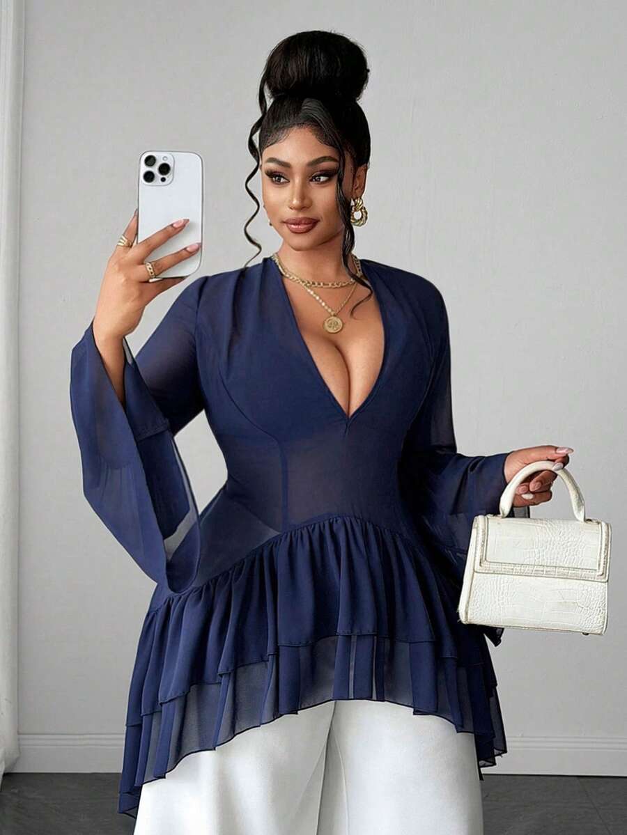 Maweii Plus Size Women's Solid Color Pleated Casual Versatile Daily Wear Shirt Fall - Navy Blue - View 1
