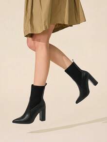 CUCCOO BASICS Pointed Thick Heel Stylish Elegant Commuting Simple Daily All-Match Versatile Knitted Women's Boots Medium Boots Women's Ankle Boots Fall Shoes - Black 2 - View 8