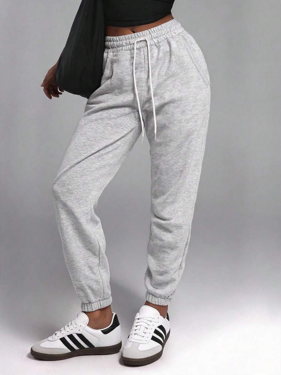 Cotton Elastic Waist Drawstring Solid Color Casual Sweatpants - Light Grey - View 1