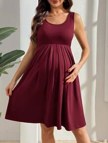 GentleRue Maternity Maternity Solid Color Round Neck Casual Sleeveless Dress - Burgundy - View 1