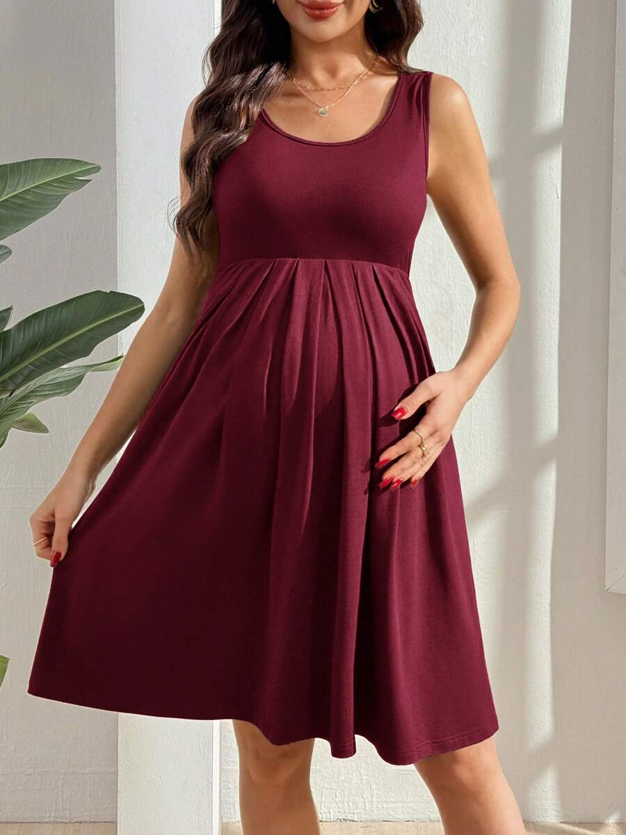 GentleRue Maternity Maternity Solid Color Round Neck Casual Sleeveless Dress - Burgundy - View 1