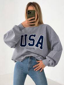 EURMUSE Cotton Letter Graphic Drop Shoulder Sweatshirt - Light Grey - View 7