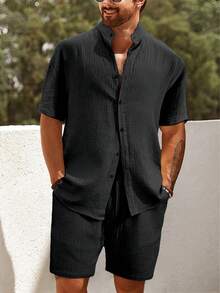 Manfinity Homme Manfinity Plus Size Men's Textured Stand Collar Short Sleeve Shirt And Shorts Set, Loose Casual Vacation 2-Piece Outfit - Black - View 1