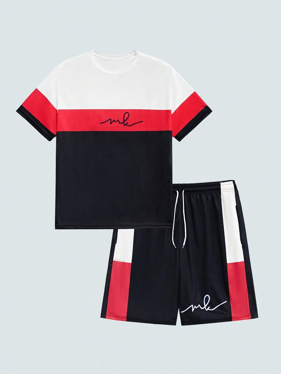 Modcrash Mens Letter Color Block Sports Set, Round Neck Knit T Shirt And Drawstring Shorts With Pockets, Regular Fit Plus Size - Red - View 1