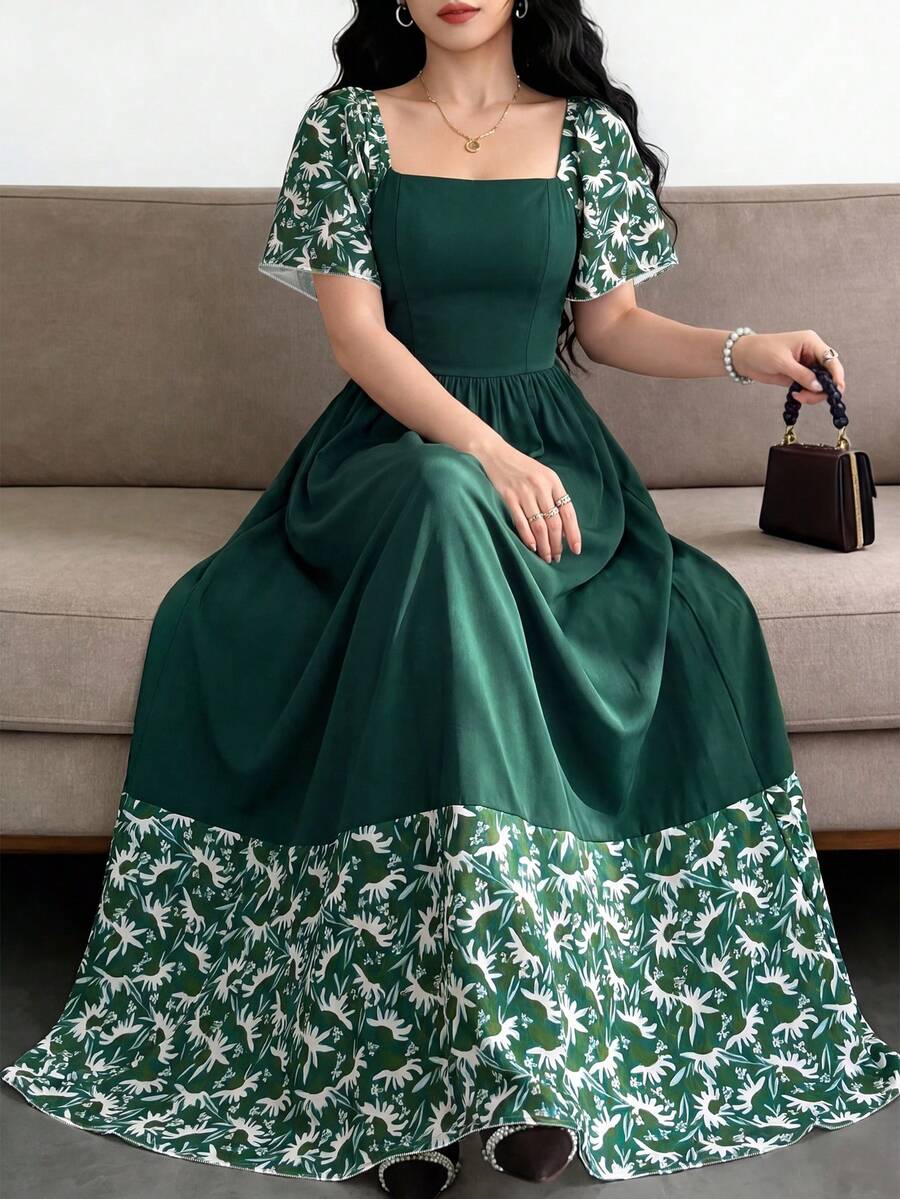 Modelyn 雛菊印花綠色大尺碼女款花卉洋裝,女裝時尚方領泡泡袖短袖洋裝,下擺荷葉邊設計,夏季度假風長洋裝 - 彩色 - 查看 1