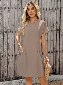 EMERY ROSE Women's Solid Color Pocket Casual Everyday Summer Dress City Break Office Everyday Travel Brunch Work All Khaki - Brown - View 5