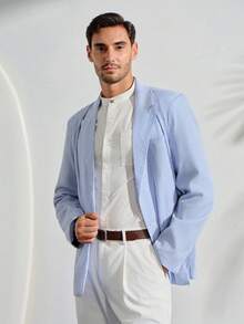 VeloEdit Men Business Casual Striped Lapel Long Sleeve Button Front Blazer, Ceremony, FormalFall Winter Commute‌ Old Money Wedding - Baby Blue - View 5