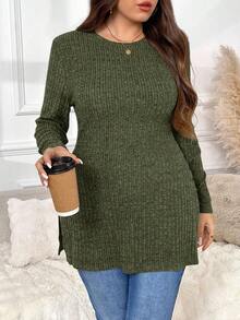 SHEIN Frenchy Plus Size Casual Solid Color Split Hem Long Sleeve T-Shirt, Autumn Fall - Dark Green - View 2