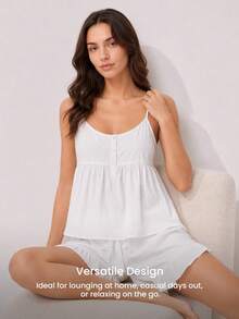 LUVLETTE Summer Sweet Elegant Airy White Polka Dot Pajama Set - Ruffled Camisole & Shorts Sheer Sophisticated Lounge Wear - White - View 10