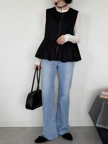 FRIFUL Women's Early Autumn New Korean Style Zipper Layered Vest With Patchwork Pleated Ruffle Hem Regular Jacket - Black - View 5