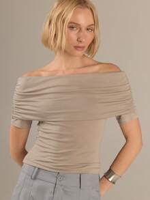 KÆRIA Hus Ruched Off-Shoulder Top - Lyocell Jersey - Purple - Relaxed Fit, Minimalist Casual, Elegant, Date Night Brunch Summer Going Out - Grey - View 1