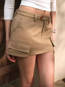 SHEIN PariChic Women's Spring/Summer New Khaki Real Pocket Skort Shorts, Fitted Waist, Bodycon, Commuter Elegant Sexy Hot Girl Casual Daily Wear, College Style Design, Solid Color Mini Skirt Skort - Khaki - View 7