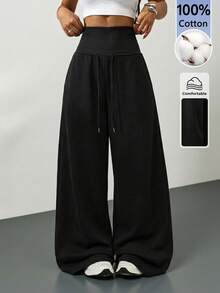 SHEIN Tall 灰色針織抓絨抽繩腰寬鬆運動長褲，冬季畢業季 - 黑色 - 查看 2
