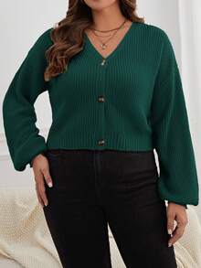 SHEIN Essnce Cardigan de manga larga con botones de color liso casual para tallas grandes en otoño/invierno - Verde Oscuro - Ver 5