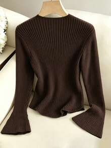 GlowEve Sweater Wanita Kasual Serbaguna Warna Polos Cokelat Tua untuk Kantor, Musim Gugur - Coffee Brown - View 2